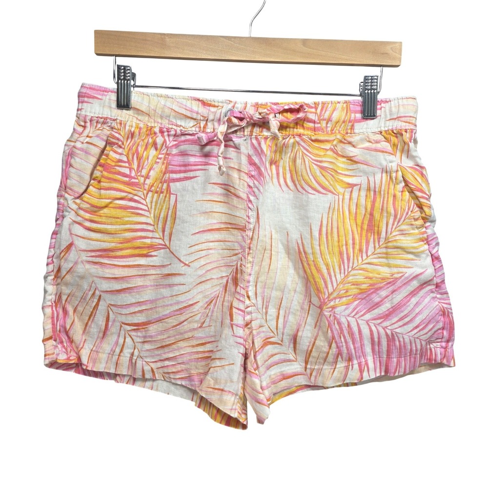 Tahari All Linen Shorts Womens M Tropical Palm Leaf Pink Orange Yellow Coastal
